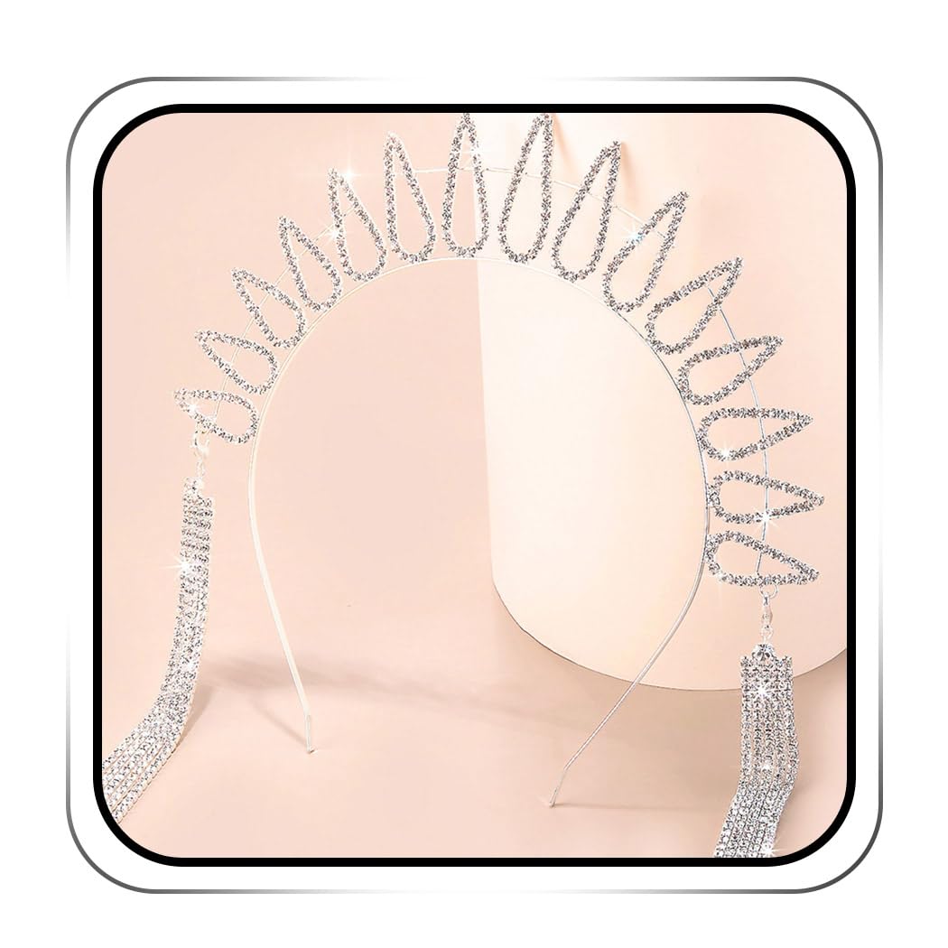 IYOU Sparkly Mary Halo Headband Silver Rhinestone Headpiece Tassel Crystal Cosplay Hair Band Accessories for Women