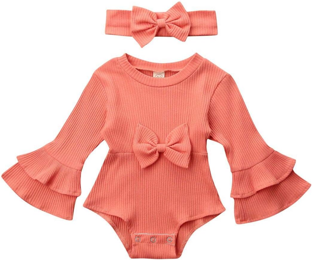 Infant Newborn Baby Girl Ruffle Long Sleeve Cotton Romper Bodysuits Lace Bowknot Tops Outfits