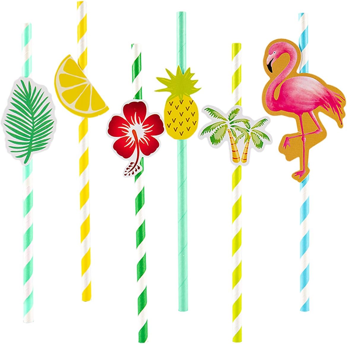 PAMASE 60 pcs Hawaiian Party Paper Straws Tropical Striped Decorative Straws for Luau Beach Hawaiian Pool Party Supplies
