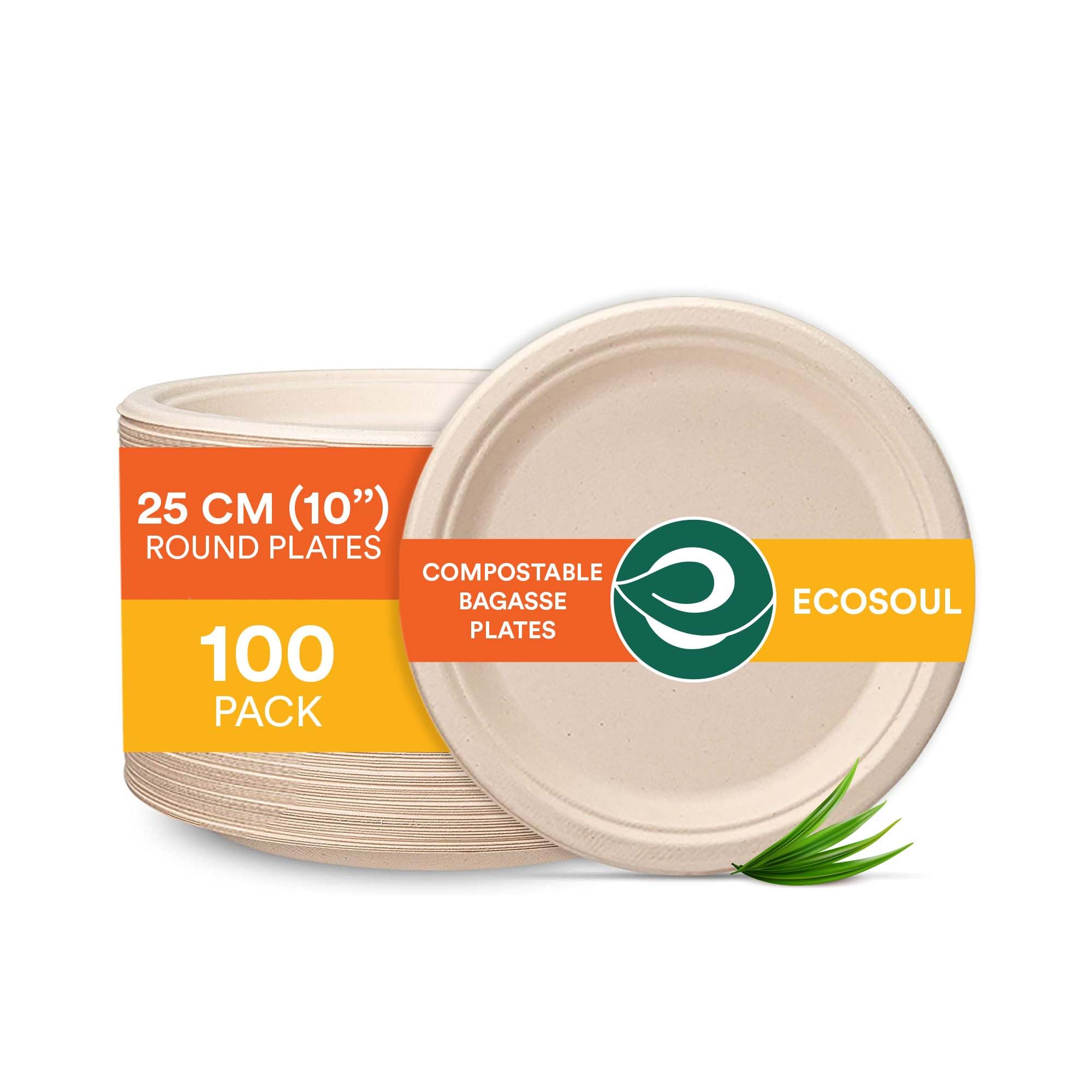 ECO SOUL Paper Plates (25Cm) 10" [100-Pack] Heavy Duty Compostable Sugarcane Bagasse Dinner Plates | Eco Friendly Biodegradable Disposable Plate for Dinner, Parties & Events