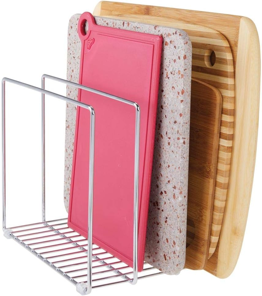 mDesign Metal Wire Organizer Rack for Kitchen Cabinet, Pantry, Shelves - Organizer Holder, 3 Slots for Skillets, Frying Pans, Lids, Cutting Boards, Vertical or Horizontal Placement, 2 Pack - Chrome: Kitchen & Dining