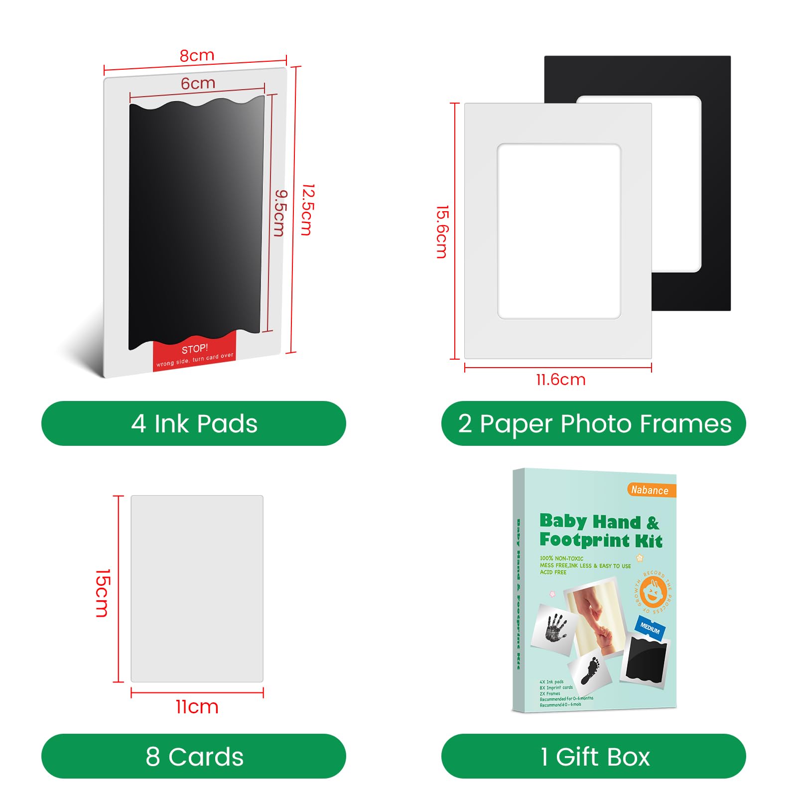 Nabance Baby Hand and Footprint Kit, Newborn Inkless Hand and Footprint kit, 4 Inkless Print Pads with 2 Photo Frames, 8 Imprint Cards, Safe No Mess Clean Touch Ink Pads for Babies 0-6 Months