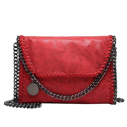 Women Fashion Chain Crossbody Bag PU Leather Messenger Bags Shoulder Bag Handbag (Red)
