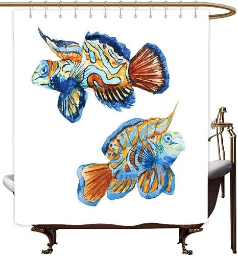 Amazon ポリエステル生地シャワーカーテン 魚 金魚 水面下で泳ぐ リキッドモーション 抽象的スタイル シャワーカーテン バー ブルー オレンジ 72 X96 1cmx245cm シャワーカーテン ホーム キッチン オンライン通販