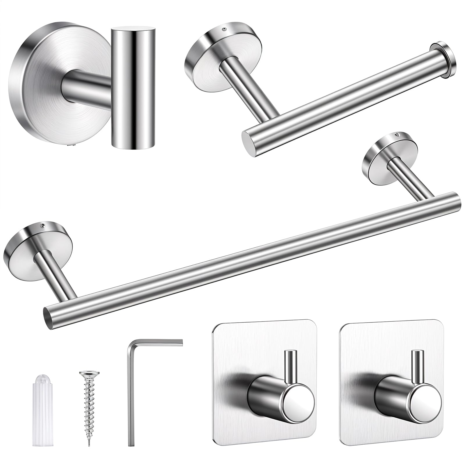Photo 1 of 5 Piece Bathroom Accessories Set, Bathroom Hardware Set, Wall Mounted Thickened 304 Stainless Steel Towel Holder Sets, Includes 16" Towel Rod+Toilet Paper Holder+3 Multifunctional Hooks