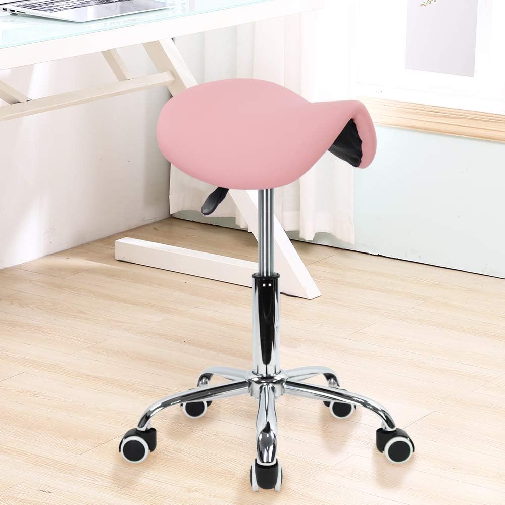KKTONER Rolling Saddle Stool PU Leather Swivel Adjustable Rolling Stool with Wheels Salon Chair (Pink): Kitchen & Dining