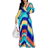 Womens Floral Maxi Dress Long Sleeves V-Neck Printed Chiffon Dresses Waisted Belt Summer Boho Dresses