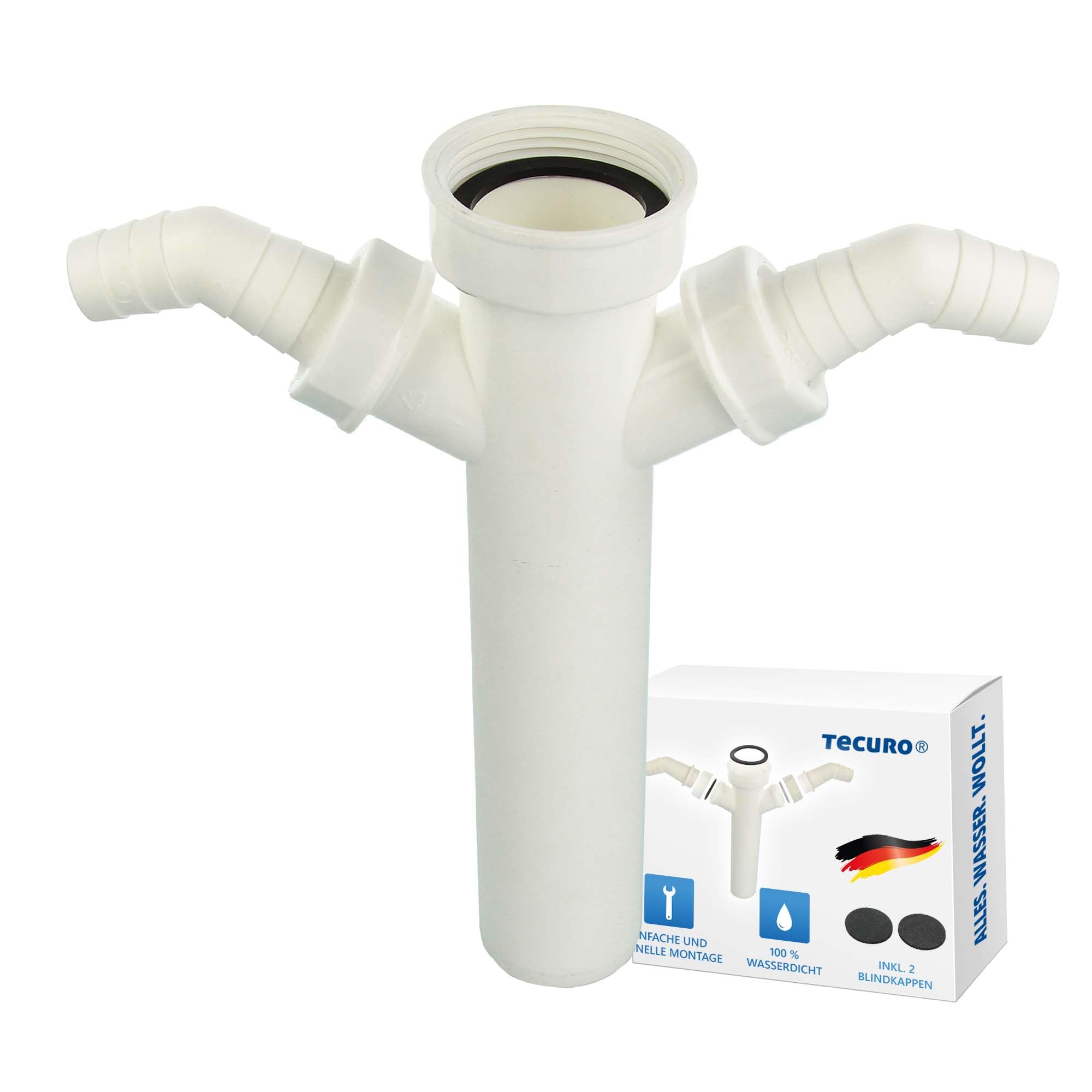Tecuro adjustable immersion pipe with 2 x device connections for mounting a washing machine, dishwasher drain hose