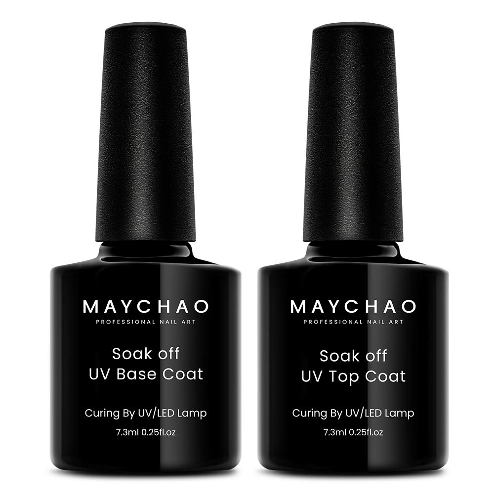 MAYCHAO No Wipe Top Coat and Base Coat Set, 7.3ml 2 Bottles Shine Finish and Long Lasting, Soak Off UV LED Gel Nail Polish for Home DIY and Nail Salon : Beauty