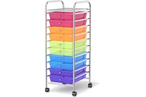 MEDIMALL 10 Drawers Rolling Storage Cart, Multipurpose Craft Storage Cart with Wheels, Mobile Tools Scrapbook Paper Organizer Cart for Office School Home Use (Rainbow)