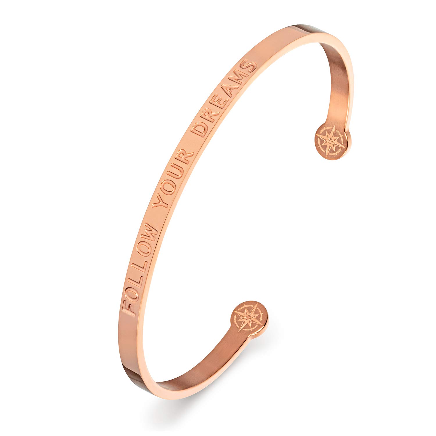 Kistanio Ladies Bangle with Engraved Message - Follow Your Dreams - Surgical Steel - Comes in a Velvet Pouch - 3 Colours Available - Rose Gold, Gold, Silver, Rose-Gold, Modern