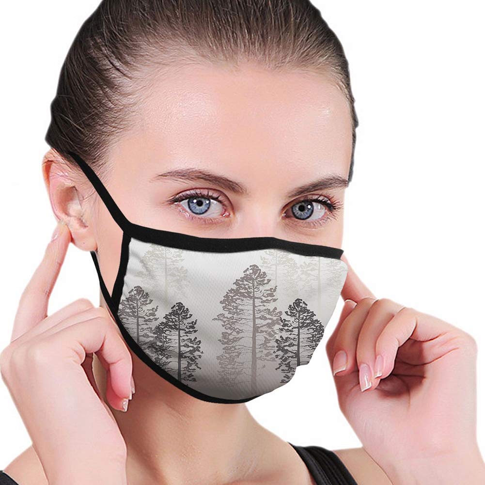 Windproof Activated Carbon mask,Country, Pine Trees in The Forest on Foggy Seem Ombre Backdrop Wildlife Adventure Artwork,Light Yellow,Facial decorations for man and woman
