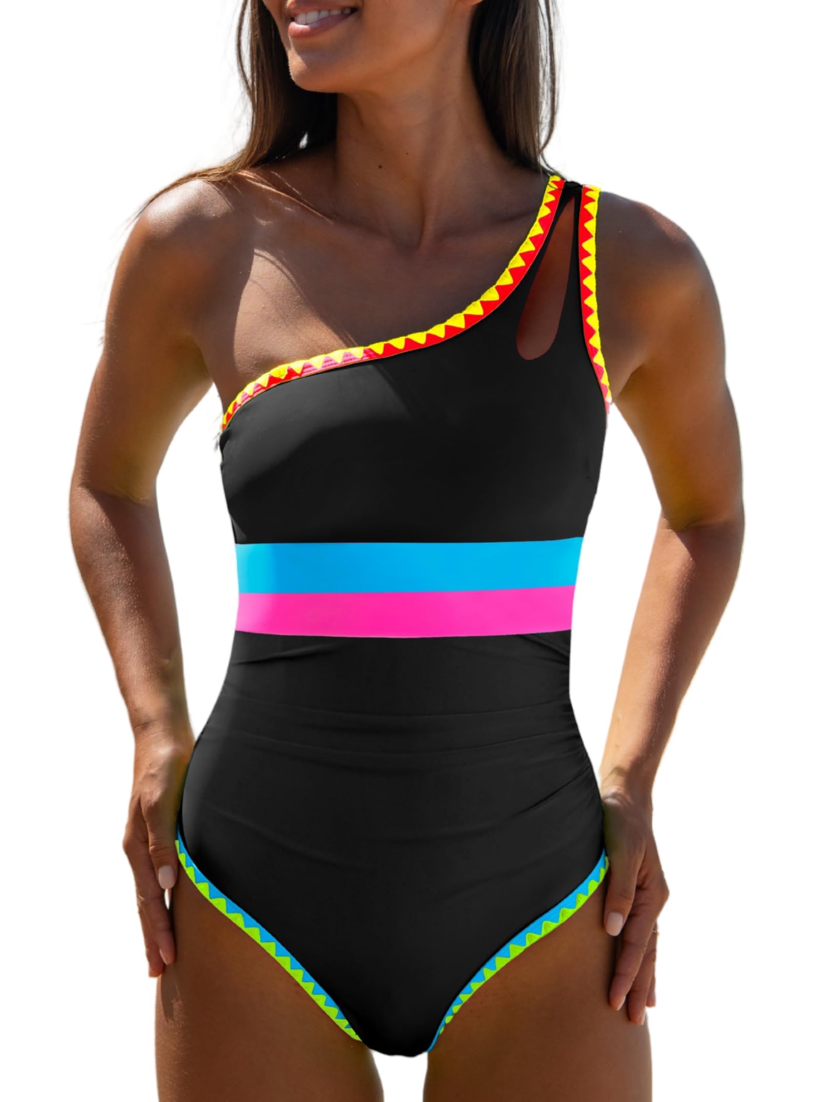 Photo 1 of popvil One Shoulder One Piece Swimsuits for Women 2025 Slimming Neon Color Block Tummy Control Bathing Suit Cutout Swimwear,Black&Blue,Medium