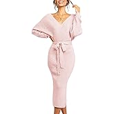 Chang Yun Women's Long Maxi Sweater Dresses Sexy Wrap Batwing V Neck Slit Open Back Holiday Bodycon Dress with Belt