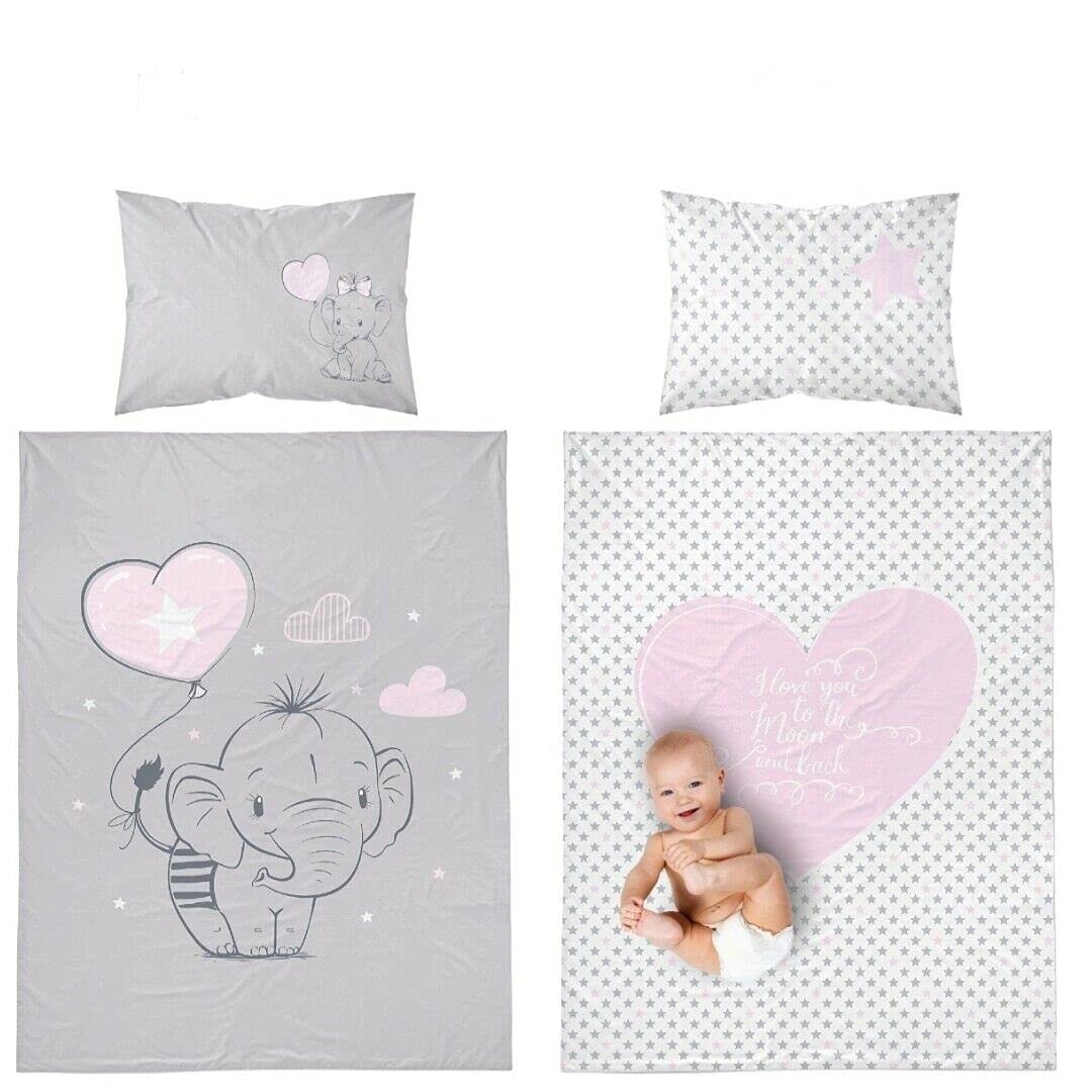 B4Beds Elephant Reversible Bedding Set for Baby Girls Cot Bed Duvet Cover & Pillow Case (100x135cm)