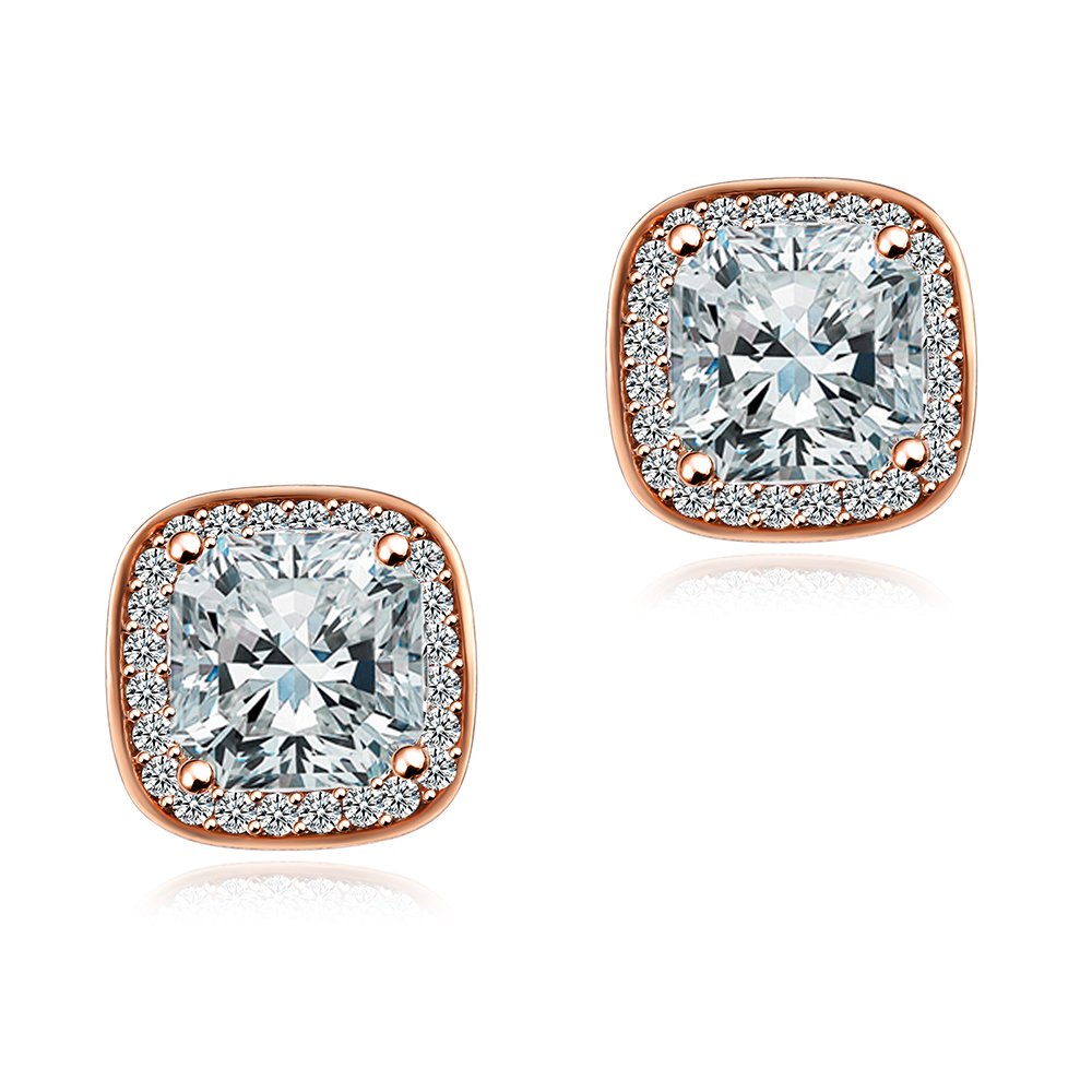 Women's silver earrings - square shaped cushion shaped earrings, silver and rose gold, cubic zirconia and gift box, Mother's Day, Valentine's Day, perfect gift.