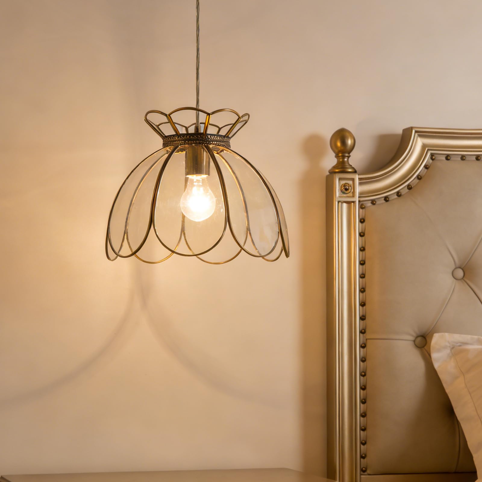 Photo 1 of Yifi Deco Brass Glass Ceiling Pendant Light, Hanging Chain lamp, with Vintage Lotus Flower Glass Shade for Kitchen Island Dining Room Bedroom Living Room-12 Clear Large Shade