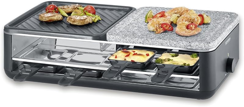- Grelhador raclette com pedra natural e grelha com 8 tabuleiros com revestimento antiaderente 1300 W Preto RG 2366
