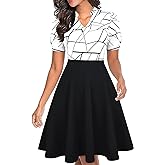 Mokayee Womens Summer Short Puff Sleeve Casual Semi-Formal Fit and Flare Church Wedding Guest Work Dresses with Pockets
