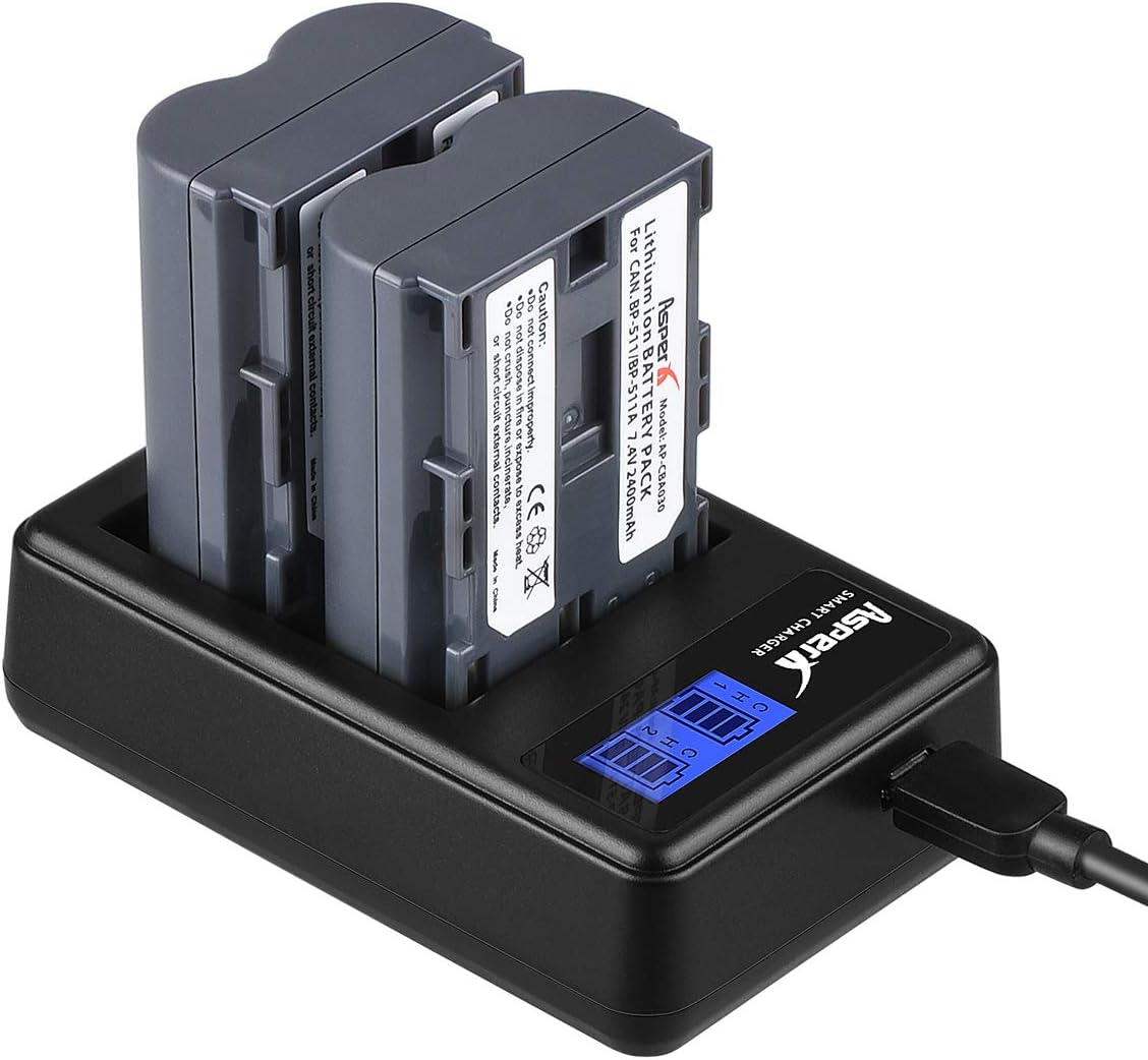 Asperx BP-511 BP-511A Replacement Battery 2 Pack and Rapid Charger for Canon EOS 50D 40D 30D 20Da 20D 10D 5D 300D Digital Rebel D30 D60 PowerShot G6 G5 G3 G2 G1 Pro 1 Pro 90