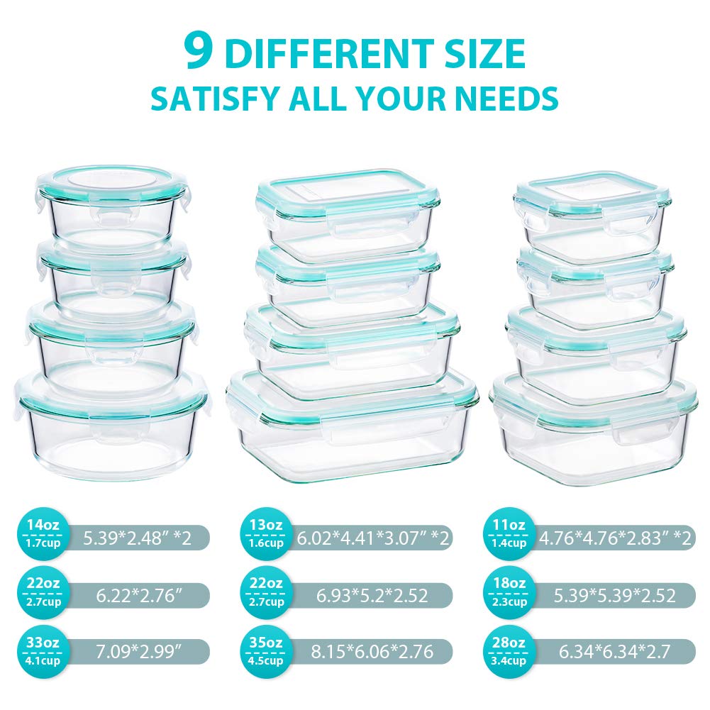 Bayco Glass Food Storage Containers with Lids, [24 Piece] Glass Meal Prep Containers, Airtight Glass Bento Boxes, BPA Free & FDA Approved & Leak Proof (12 lids & 12 Containers)