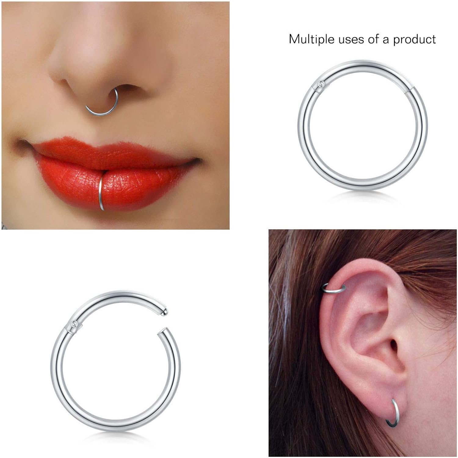 Mayhoop 3Pcs 16G=1.2mmx8mm Septum Rings Hoop Surgical Steel Silver Tragus Daith Helix Earrings Hinged Segment Clicker Rings Lip Rings Piercing Jewellery - Image 4
