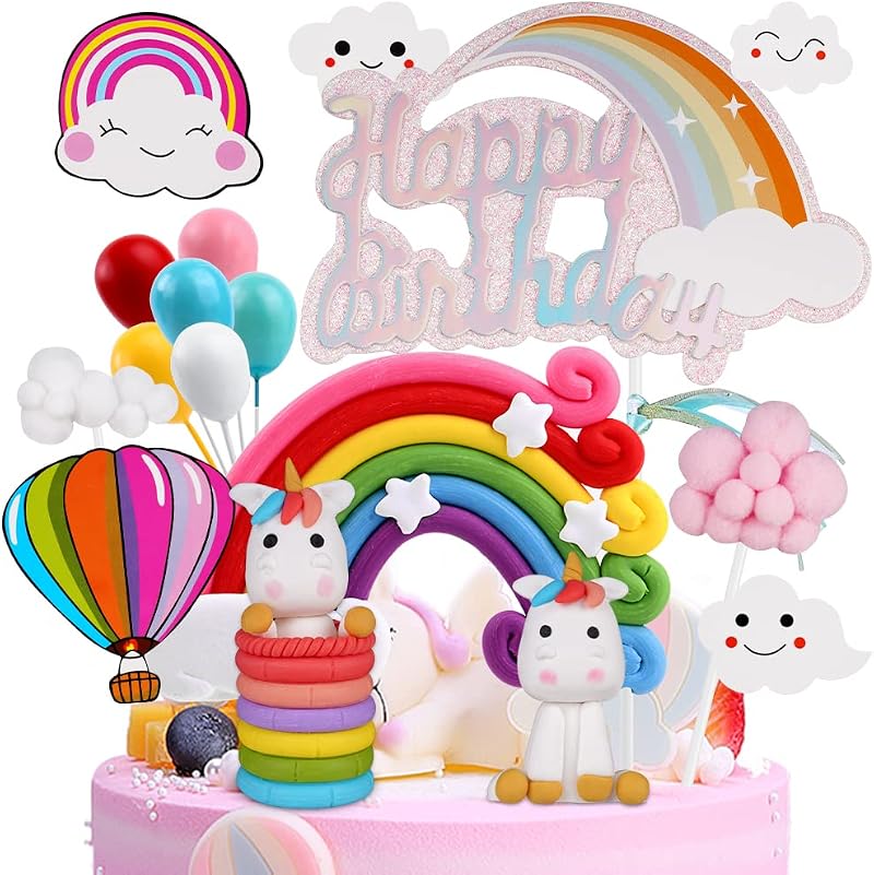 OSDUE Happy Birthday Cake Toppers Rainbow Balloon Cloud Theme Set