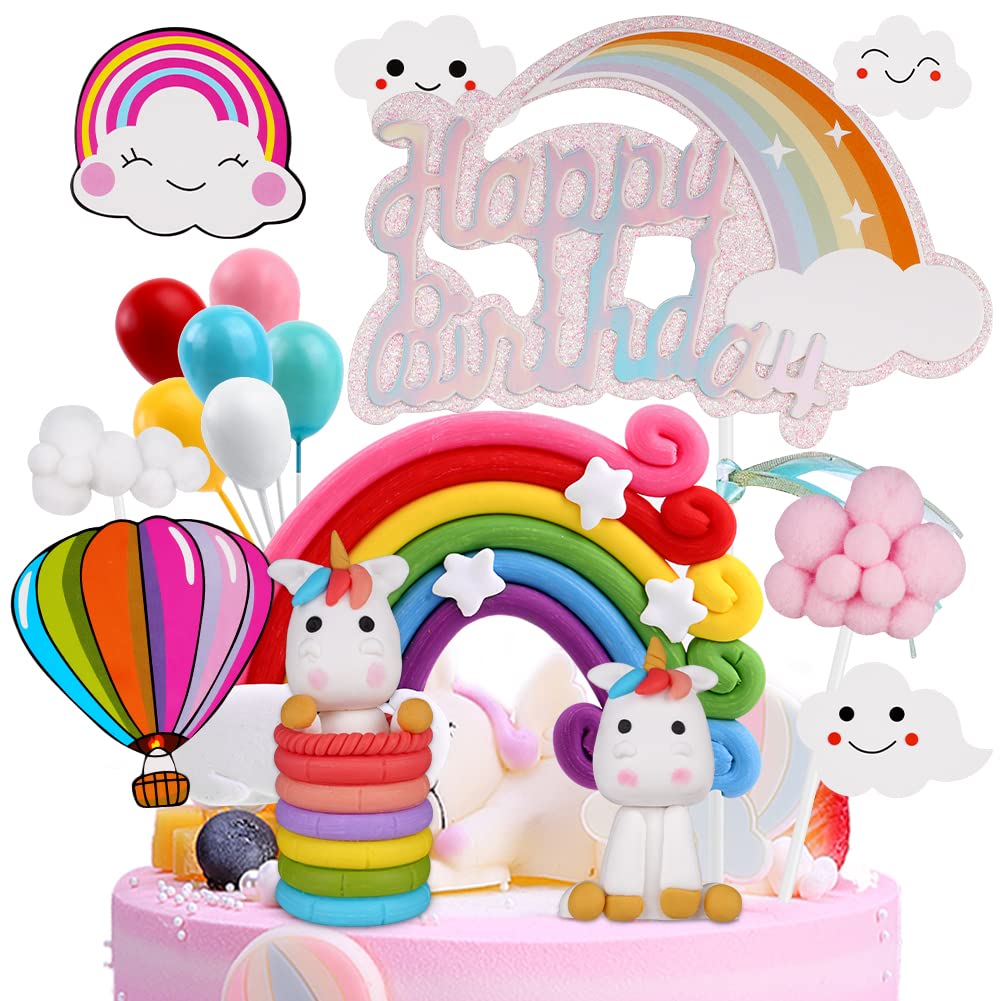 OSDUE Happy Birthday Cake Toppers, Rainbow Balloon Cloud Theme Party Decorations, Rainbow Balloon Figures Happy Birthday Banner Cake Decors, for Kids Boy Girl, Birthday Shower Party Supplies