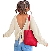 GORGLITTER Women's Bow Open Back Sweater Top Trendy Long Sleeve Backless Off Shoulder Knit Sweaters