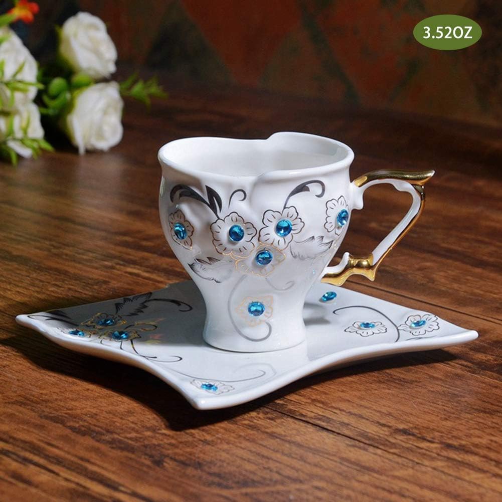 MKLZ 3.52 Oz Ceramics Espresso Cups With Handle Saucers Set of 4,Vintage Printed Bronzing Gift Coffee Cup,For Latte/Mocha/Tea,Suitable for Home,Office,Cafe