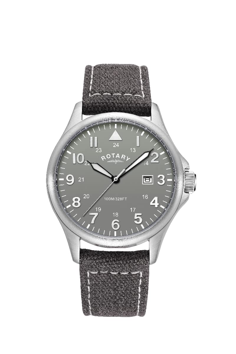 Rotary Mens Pilot Analogue Quartz Watch with Grey Dial and Grey Canvas Strap GS00473/48