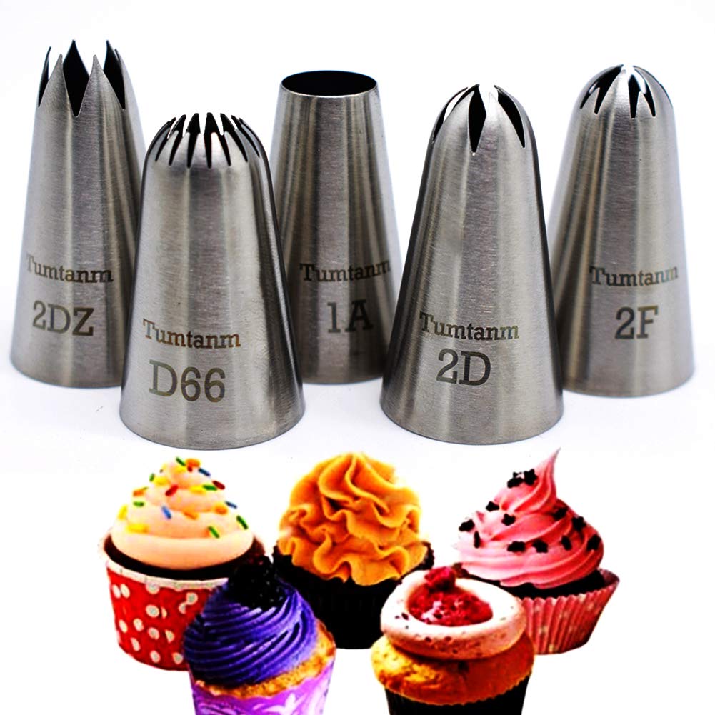 Piping Tips Large Cake Decorating Tools, 5 Pack DIY Flower Icing/ Cake Piping Nozzles Tips Kit for Cupcakes, Stainless Steel, Silver