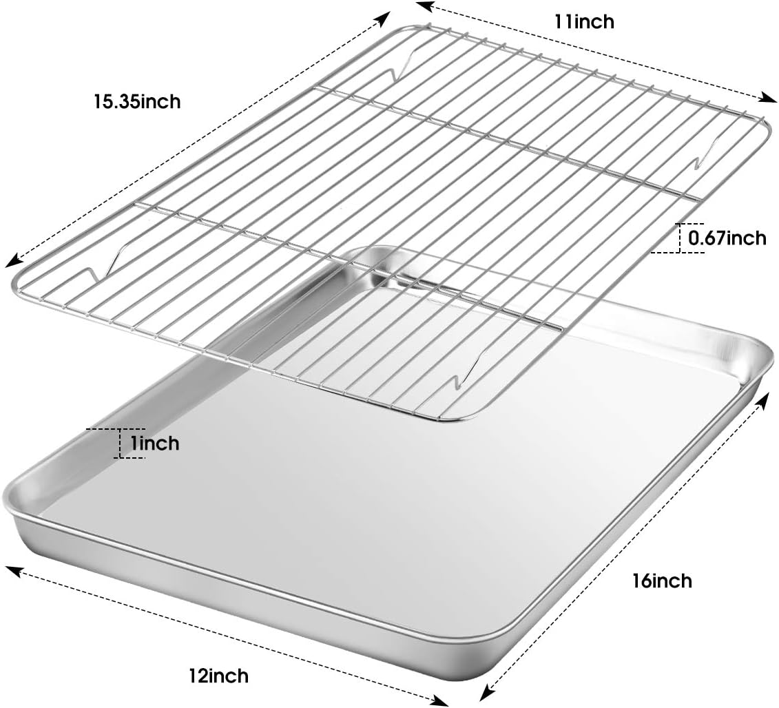 Baking Sheet with Cooling Rack Set [2 Sheets+2 Racks], Nonstick Cookie Pan(16" x 12" x 1" ), Stainless Steel Baking Pans, Non-Toxic, Heavy Duty, Easy Clean: Kitchen & Dining