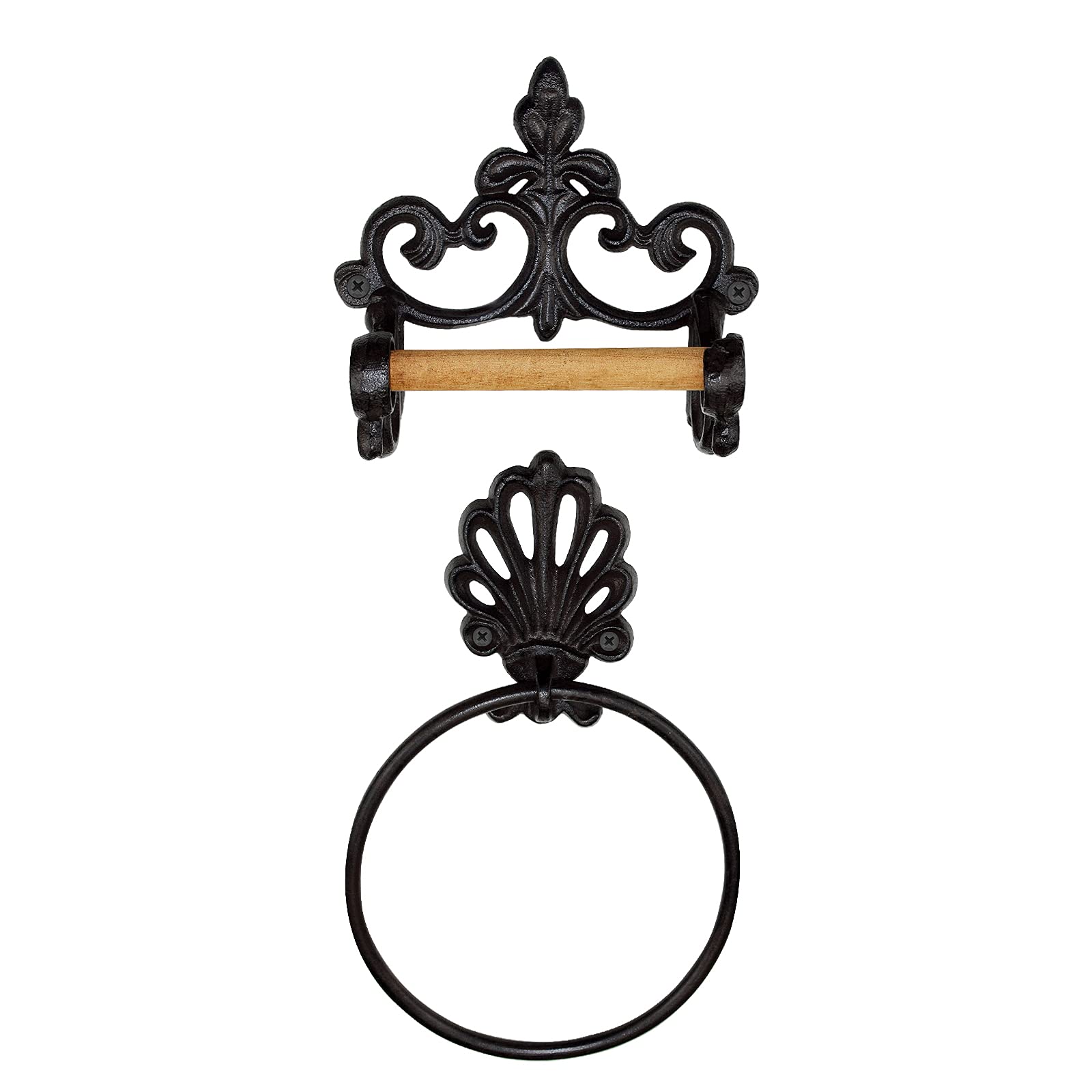 Toilet Roll Holder Vintage Towel Ring Metal Round Towel Holder Wall Mounted Iron Toilet Paper Holder Retro Wooden Rack Kitchen Bathroom Accessories Set Black