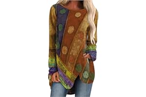 Angxiwan Tunic Tops for Women Casual Long Sleeve Shirts Round Neck Printed Irregular Hem Blouse