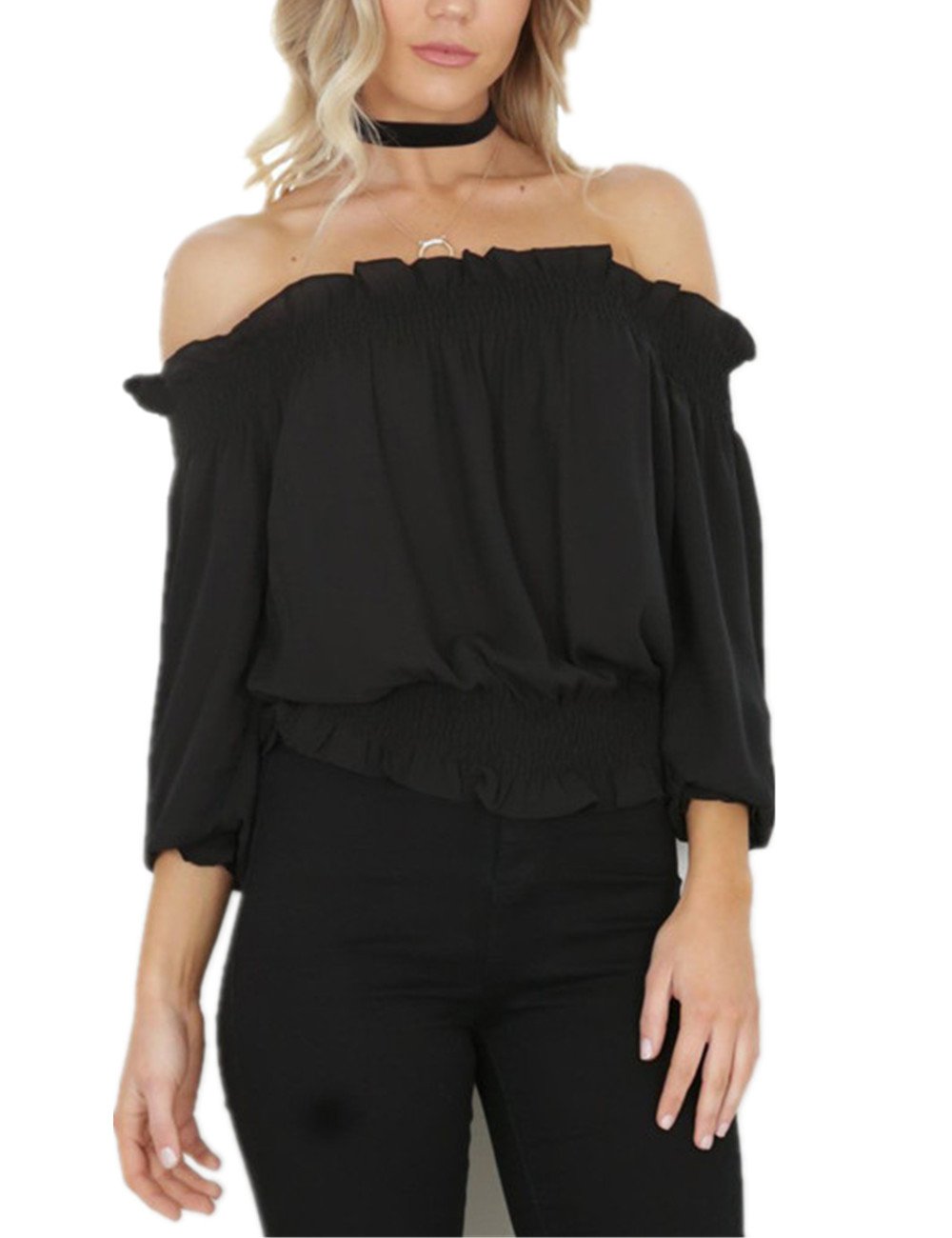 Women\'s Off Shoulder Crop Tops Blouses Lettuce Trim Casual Shirts New Summer Cold Silk Tunic