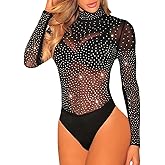 Lrady Women's Sheer Mesh Turtleneck Neck See Through Leotard Bodysuit Body Tops