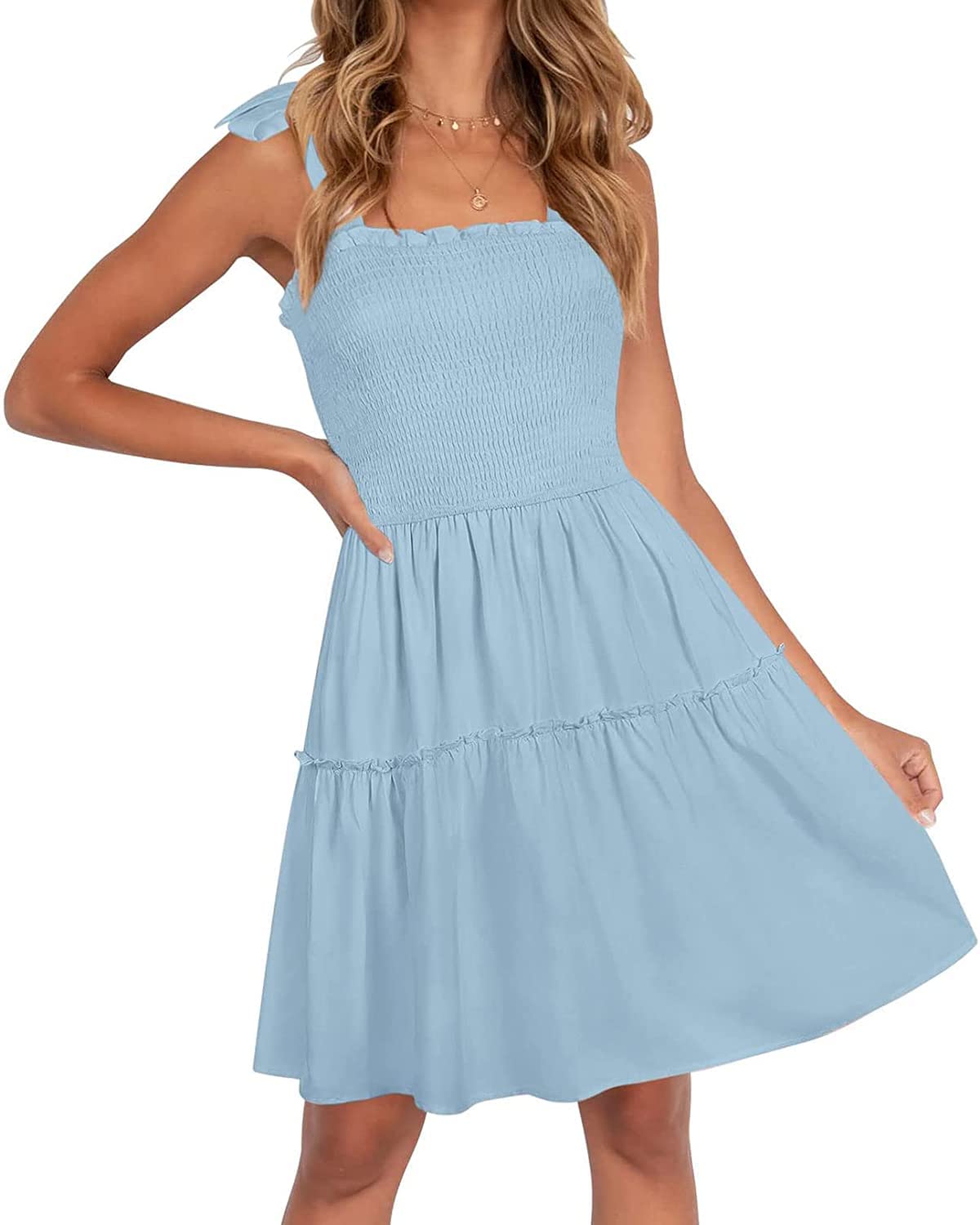 Photo 1 of (SMALL) ZESICA Women's 2025 Summer Spaghetti Strap Sleeveless Square Neck Ruffle A Line Swing Mini Dress,LightBlue,Small