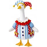 Clown Porch Goose Outfit for 23 Inch Goose Statue, Circus Jester Costume | Colorful jester hat, playful stripes, polka dots and ruffle details for whimsical porch, garden, party and carnival displays
