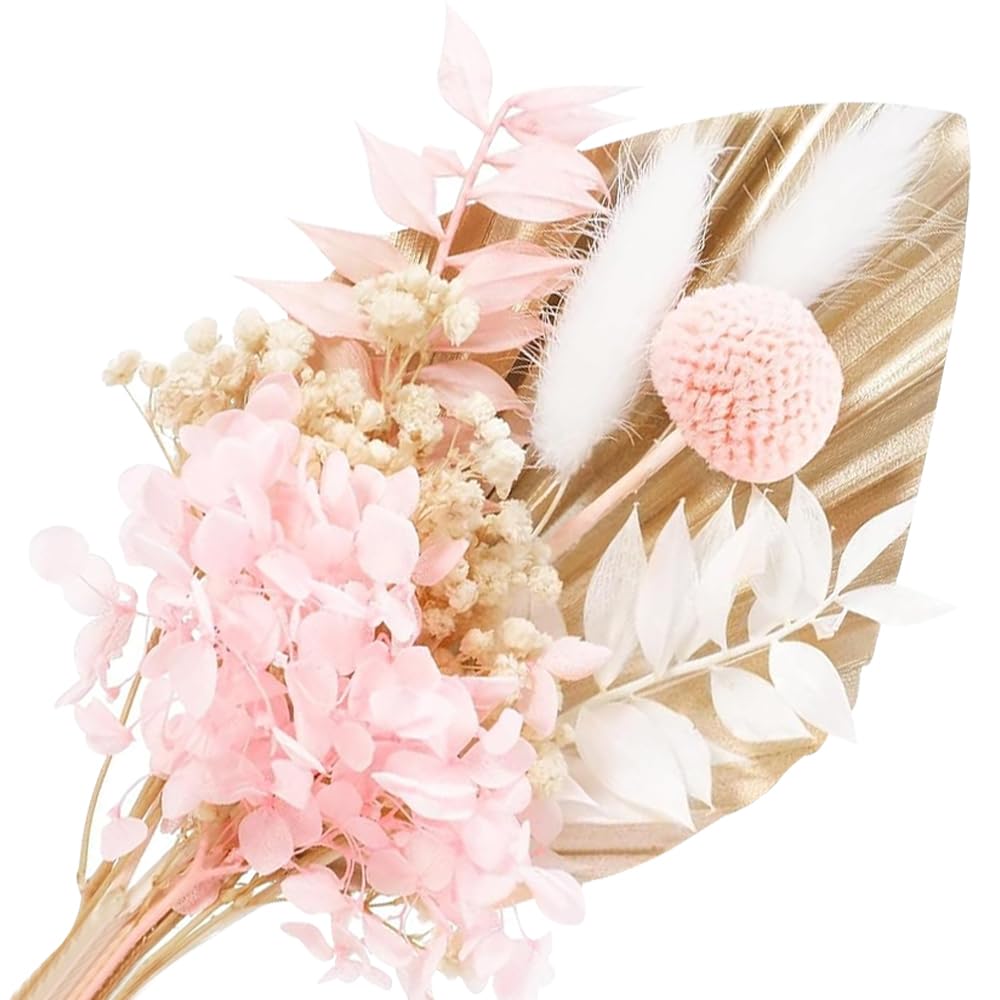 Flower Cake Topper, Dried Flowers for Cakes, Boho Cake Decorations Flowers Dried Flower Bouquet for Bunny Tail Babys Breath Gold Palm Leaf (Pink)