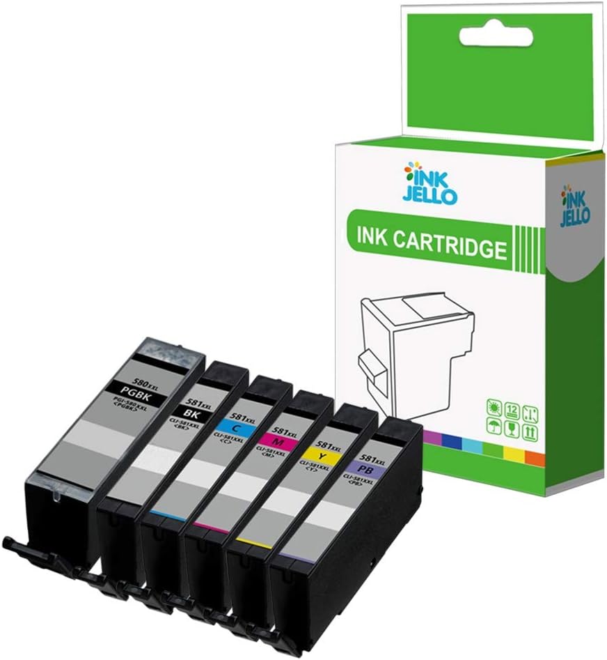 InkJello Ink Cartridge for Printer Compatible With Canon Pixma TR7500 TR7520 TR7550 TR8500 TR8520 TR8550 TS705 PGI-580XXL CLI-581XXL (Large-Black/Small-Black/Cyan/Magenta/Yellow/Photo-Blue