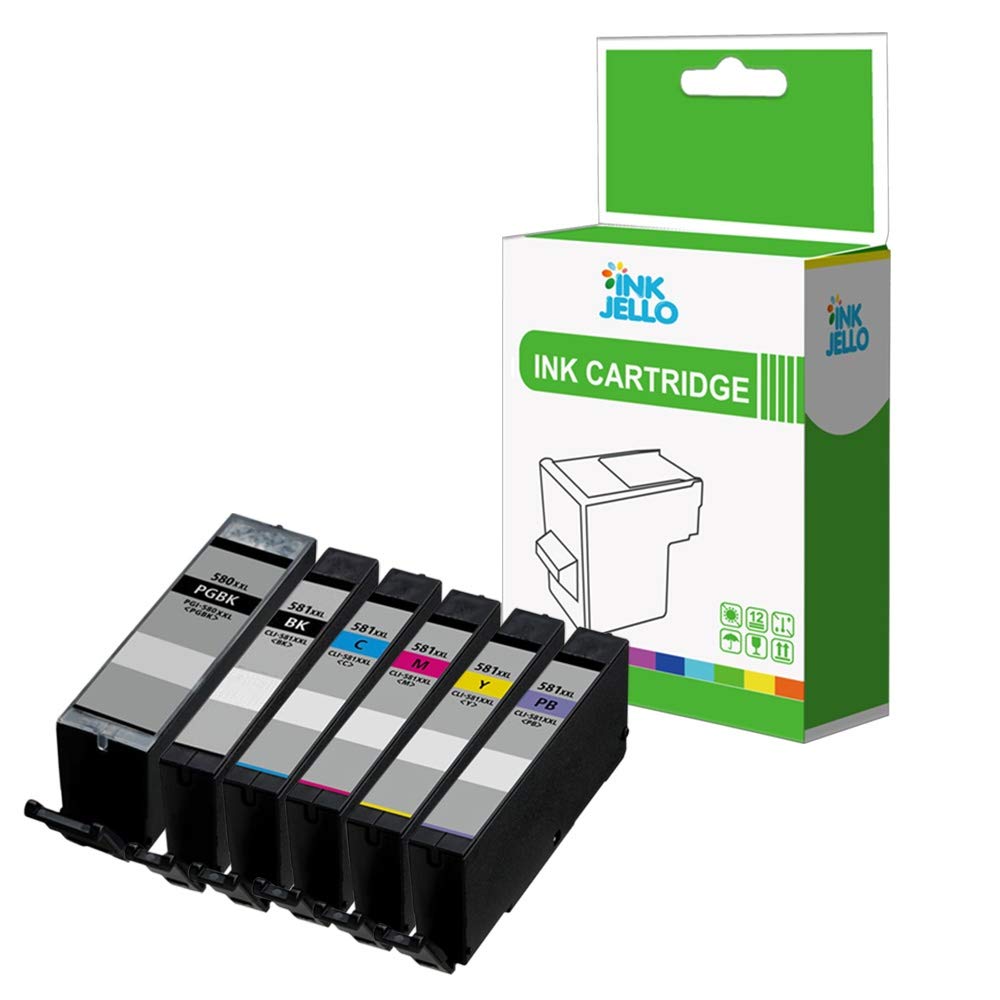InkJello Ink Cartridge For Printer, Compatible With Canon Pixma TR7500 TR7520 TR7550 TR8500 TR8520 TR8550 TS705 PGI-580XXL CLI-581XXL (Large-Black/Small-Black/Cyan/Magenta/Yellow/Photo-Blue, 6-Pack)