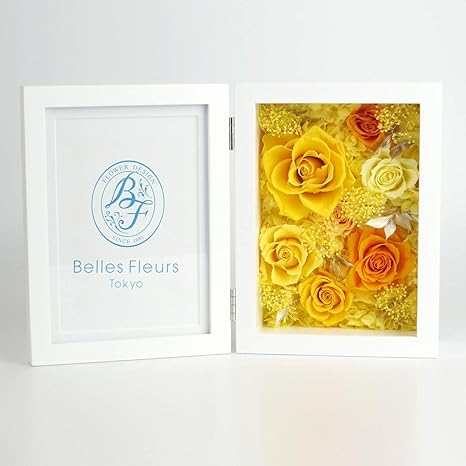 Amazon Co Jp 誕生日 プレゼント 花 ギフト プリザーブドフラワー プリフォトフレームl 敷き詰め ロゴ台紙 イエロー ホワイトフレーム 写真立て フォトフレーム バラ 女性 花 ギフト 母の日 父の日 誕生日 結婚 発表会 退職 内祝い 送別会 ボックスフラワー