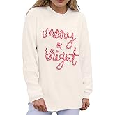 Whrounnk Women's Pullover Sweater Christmas Crewneck Long Sleeve Merry and Bright Letter Embroidery Oversized Tunic Tops