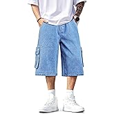 TANDAGI Men Baggy Jean Shorts Streetwear Long Jorts Men Cargo Drawstring Denim Shorts Straight Leg 32