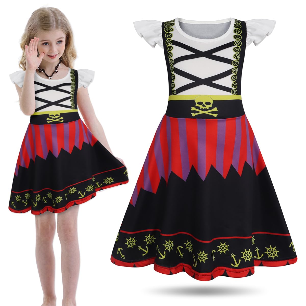 Sukyfecde Pirate Costume Dress up for Girls Kids Buccaneer Cosplay Outfits Birthday Party Dress Halloween Princess Dresses Size 6 Black Red