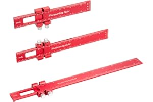 VICRAYS Woodworking Ruler Precision Pocket Rule - 12, 8, 6 Inch Metal Slide Stop Marking Ruler Metric Inch Measuring Wood Working Scribing Measure Tools - Engineers Woodwork Adjustable Sliding Ruler - Red
