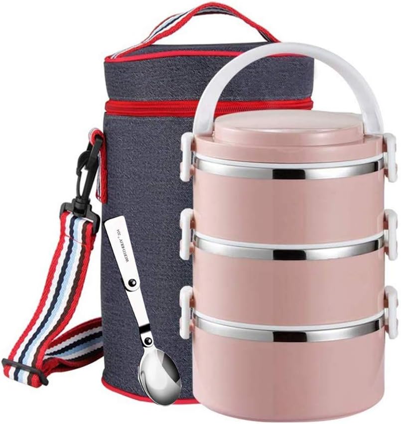 Stainless Steel Thermal Lunch Bento Box 3 layer Leakproof Food Storage Containers with Insulated Lunch Bag for Adults, Men, Women (3-Tier,Pink)