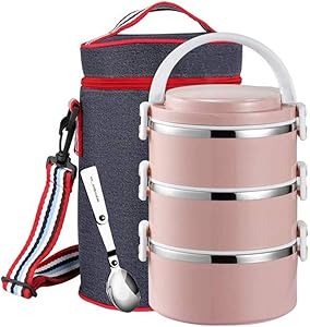 Stainless Steel Thermal Lunch Bento Box 3 layer Leakproof Food Storage Containers with Insulated Lunch Bag for Adults, Men, Women (3-Tier,Pink)