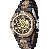 Dentily Men's Wooden Mechanical Watch Skeleton Automatic Movement Wood Watch Arabic Numbers Self-Winding Watches for Men